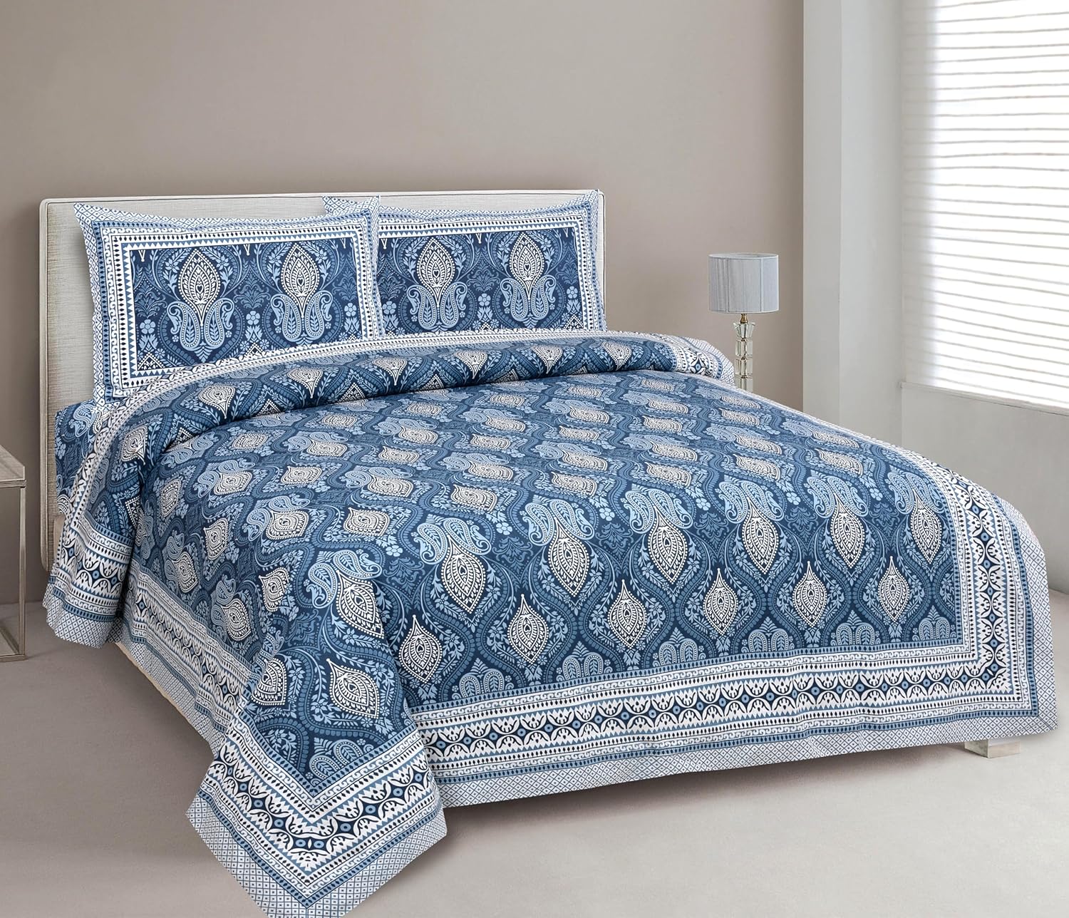 Mughal Indigo Garden Hand Block Printed Cotton King Bedsheet Set