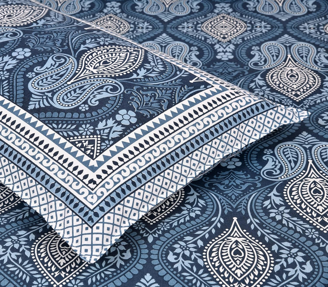 Mughal Indigo Garden Hand Block Printed Cotton King Bedsheet Set | 90×108 | 240 TC