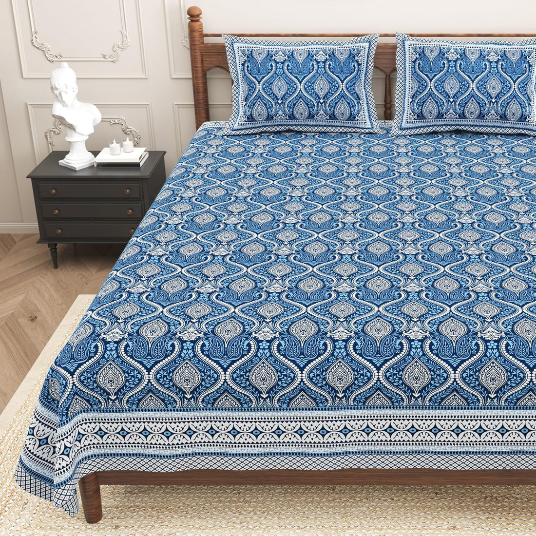 Mughal Indigo Garden Hand Block Printed Cotton King Bedsheet Set | 90×108 | 240 TC