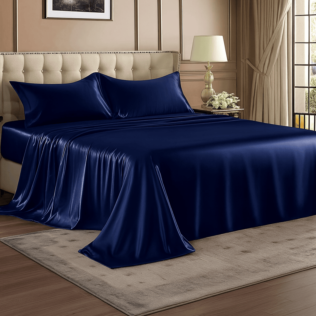 Windsor Navy Luxury Cotton Satin King Size Bedsheet 90x108 Inches with 2 Pillow Covers 20x30 Inches | Soft, Glossy & Elegant | Solid Finish