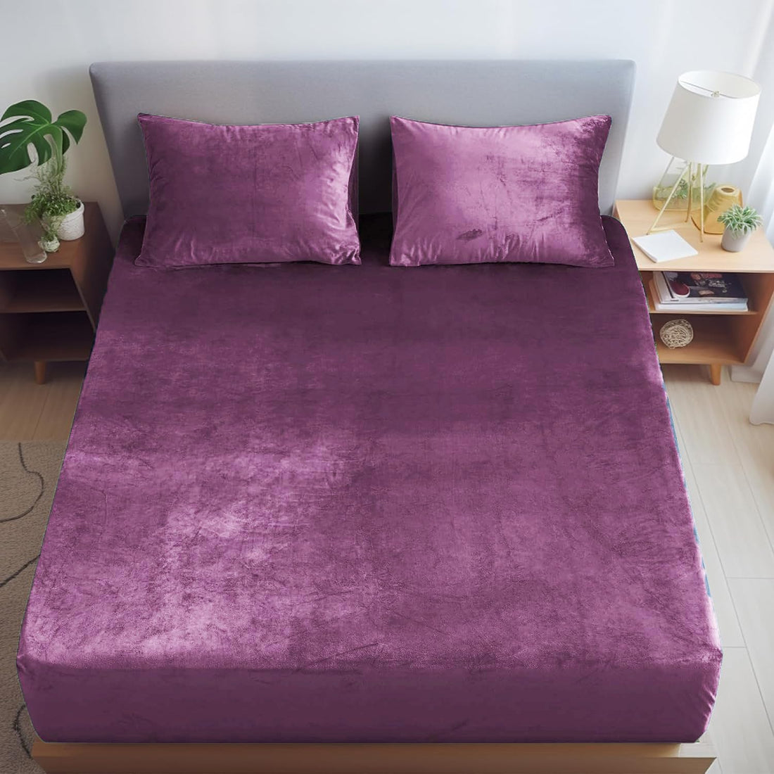 Plum Warmth wine flannel elastic fitted king bedsheet 78x72x8 with 2 pillow covers winter bedding
