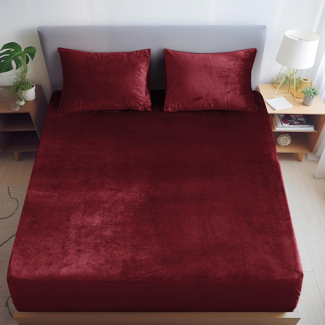 Crimson Warmth wine flannel elastic fitted king bedsheet 78x72x8 with 2 pillow covers winter bedding