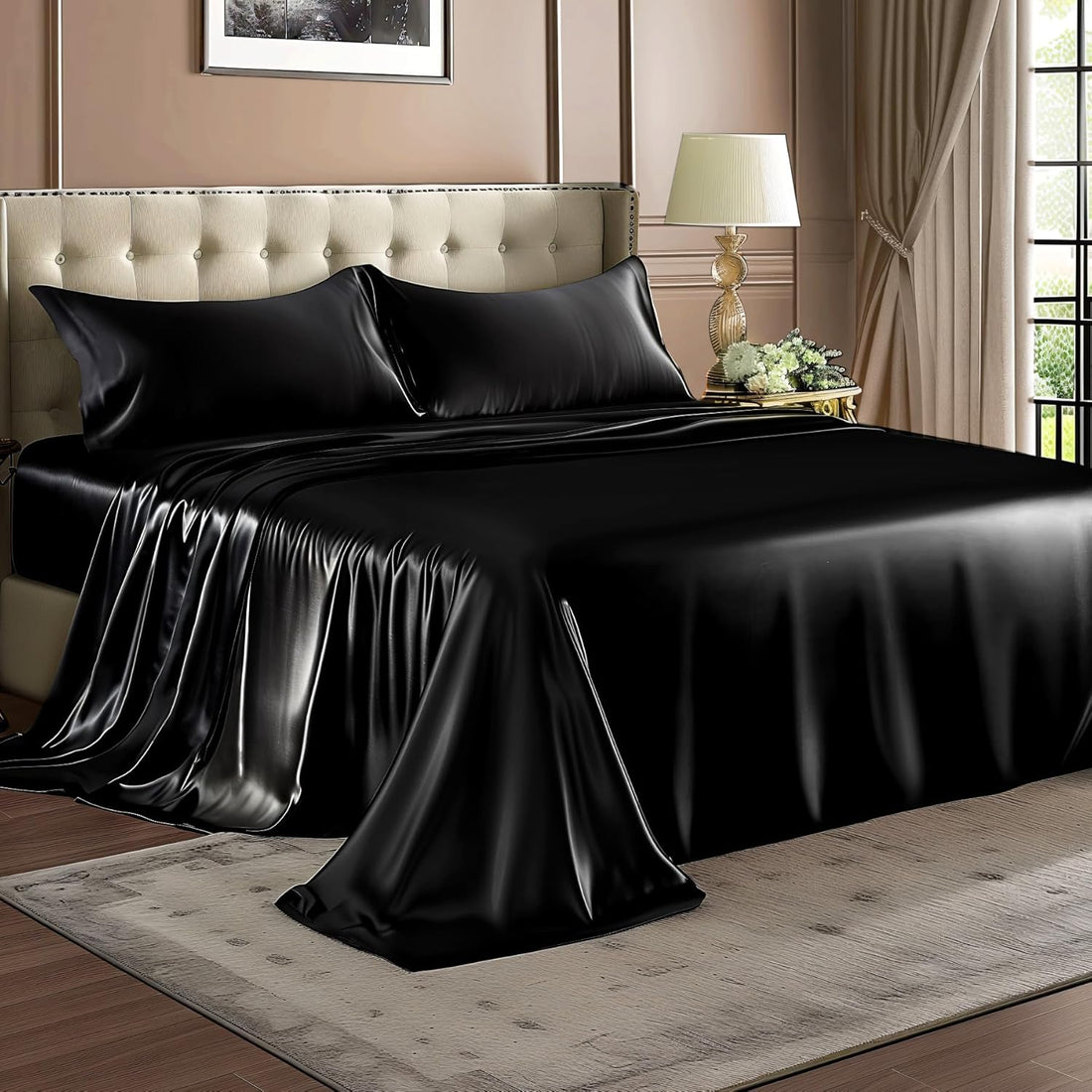 Crown Black Luxury Cotton Satin King Size Bedsheet 90x108 Inches with 2 Pillow Covers 20x30 Inches | Soft, Glossy & Elegant | Solid Finish