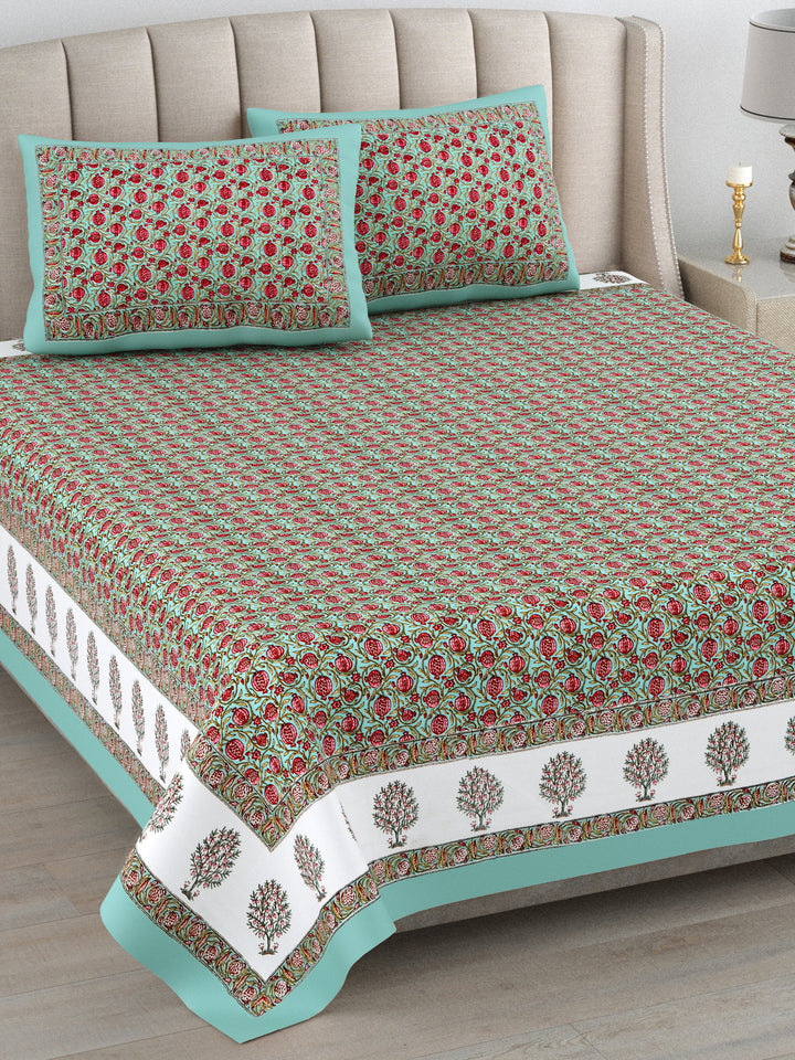 Gulabi Buta Hand Block Printed Cotton King Bedsheet Set