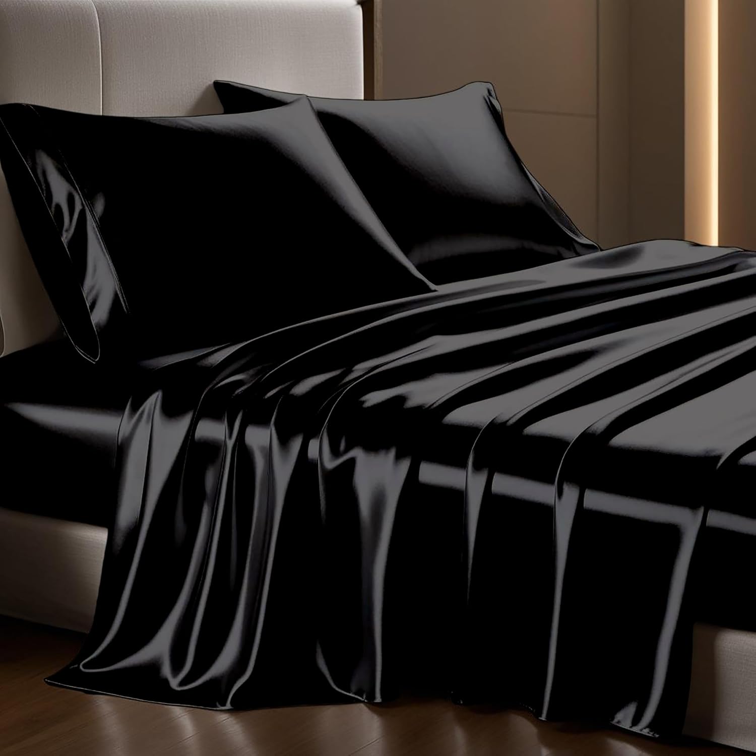 Crown Black Luxury Cotton Satin King Size Bedsheet 90x108 Inches with 2 Pillow Covers 20x30 Inches | Soft, Glossy & Elegant | Solid Finish