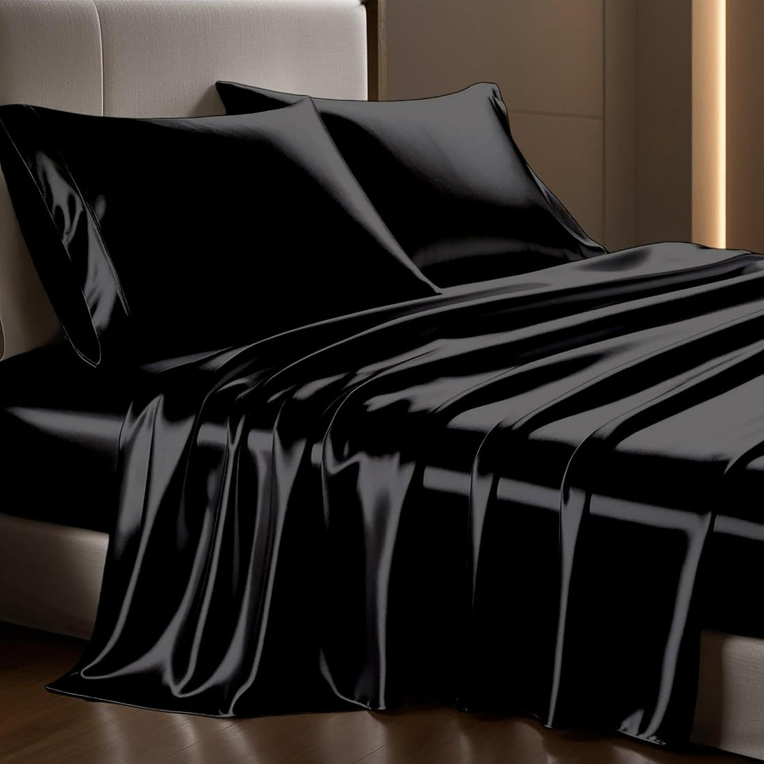 Crown Black Luxury Cotton Satin King Size Bedsheet 90x108 Inches with 2 Pillow Covers 20x30 Inches | Soft, Glossy & Elegant | Solid Finish