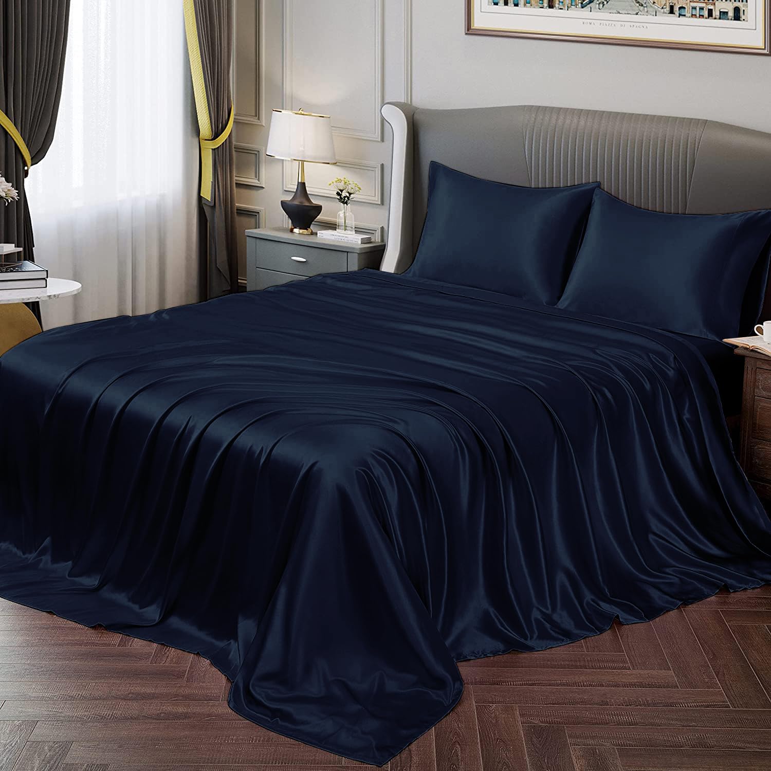Windsor Navy Luxury Cotton Satin King Size Bedsheet 90x108 Inches with 2 Pillow Covers 20x30 Inches | Soft, Glossy & Elegant | Solid Finish
