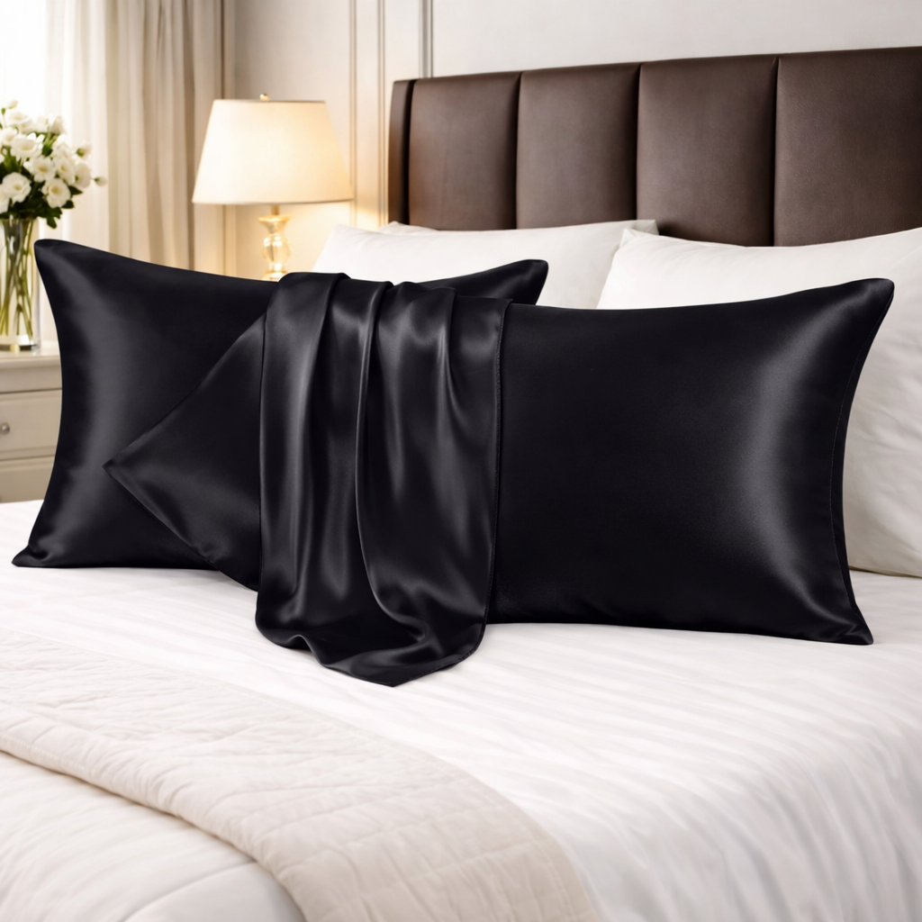 Crown Black Satin Pillow Cover Set of 2 (20x30 in)