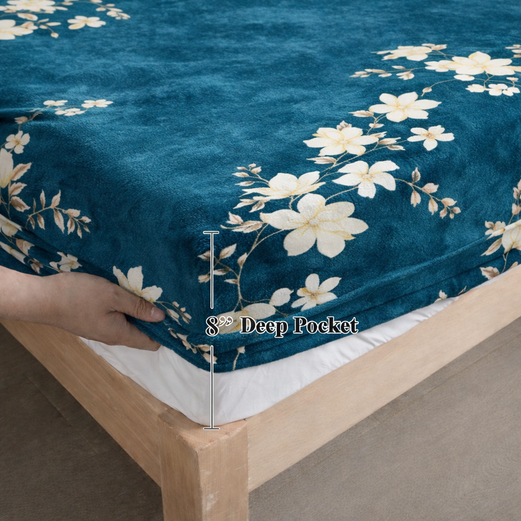 Teal Warmth Flannel Elastic Fitted King Bedsheet (78×72×8 Inch) with 2 Pillow Covers (18×28 Inch) | Soft & Cozy Winter Bedding