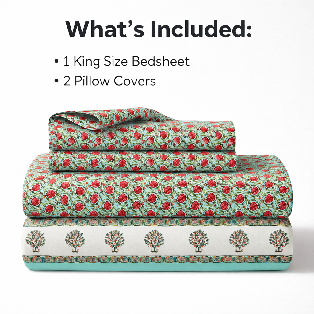 Gulabi Buta Hand Block Printed Cotton King Bedsheet Set | 90×108 | 240 TC
