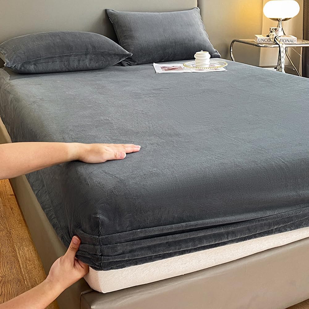 Silver Warmth Flannel Elastic Fitted King Bedsheet (78×72×8 Inch) with 2 Pillow Covers (18×28 Inch) | Soft & Cozy Winter Bedding