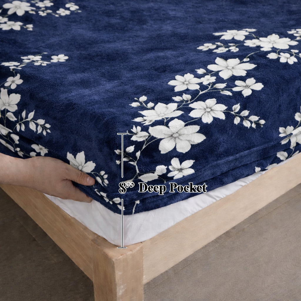 Bloom Warmth Flannel Elastic Fitted King Bedsheet (78×72×8 Inch) with 2 Pillow Covers (18×28 Inch) | Soft & Cozy Winter Bedding