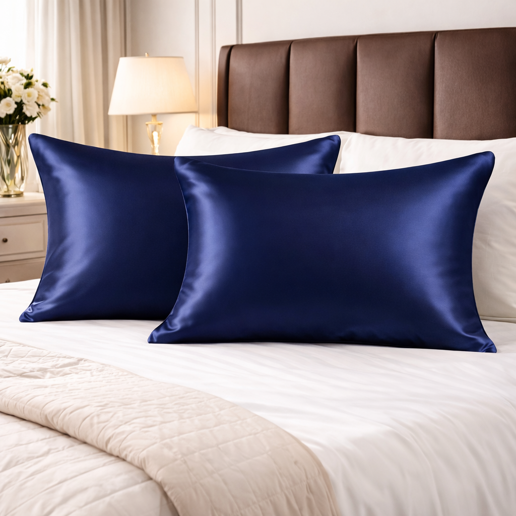 Windsor Navy Satin Pillow Cover Set of 2 (20x30 in)