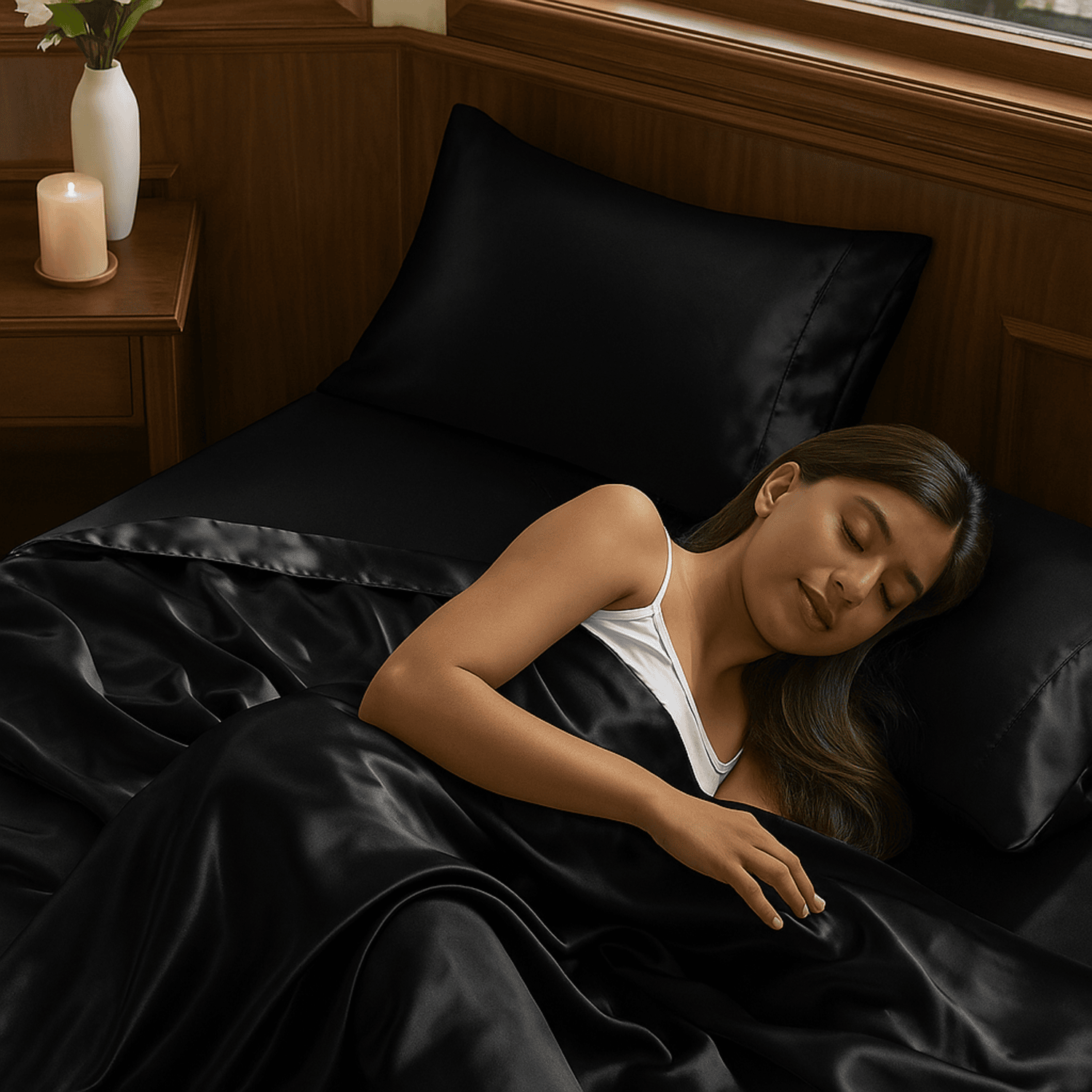 Crown Black Luxury Cotton Satin King Size Bedsheet 90x108 Inches with 2 Pillow Covers 20x30 Inches | Soft, Glossy & Elegant | Solid Finish