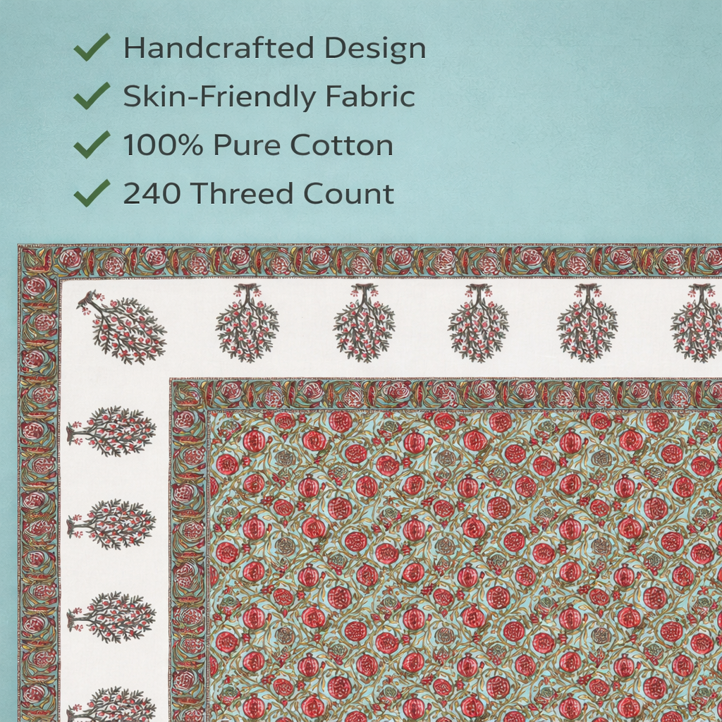 Gulabi Buta Hand Block Printed Cotton King Bedsheet Set | 90×108 | 240 TC