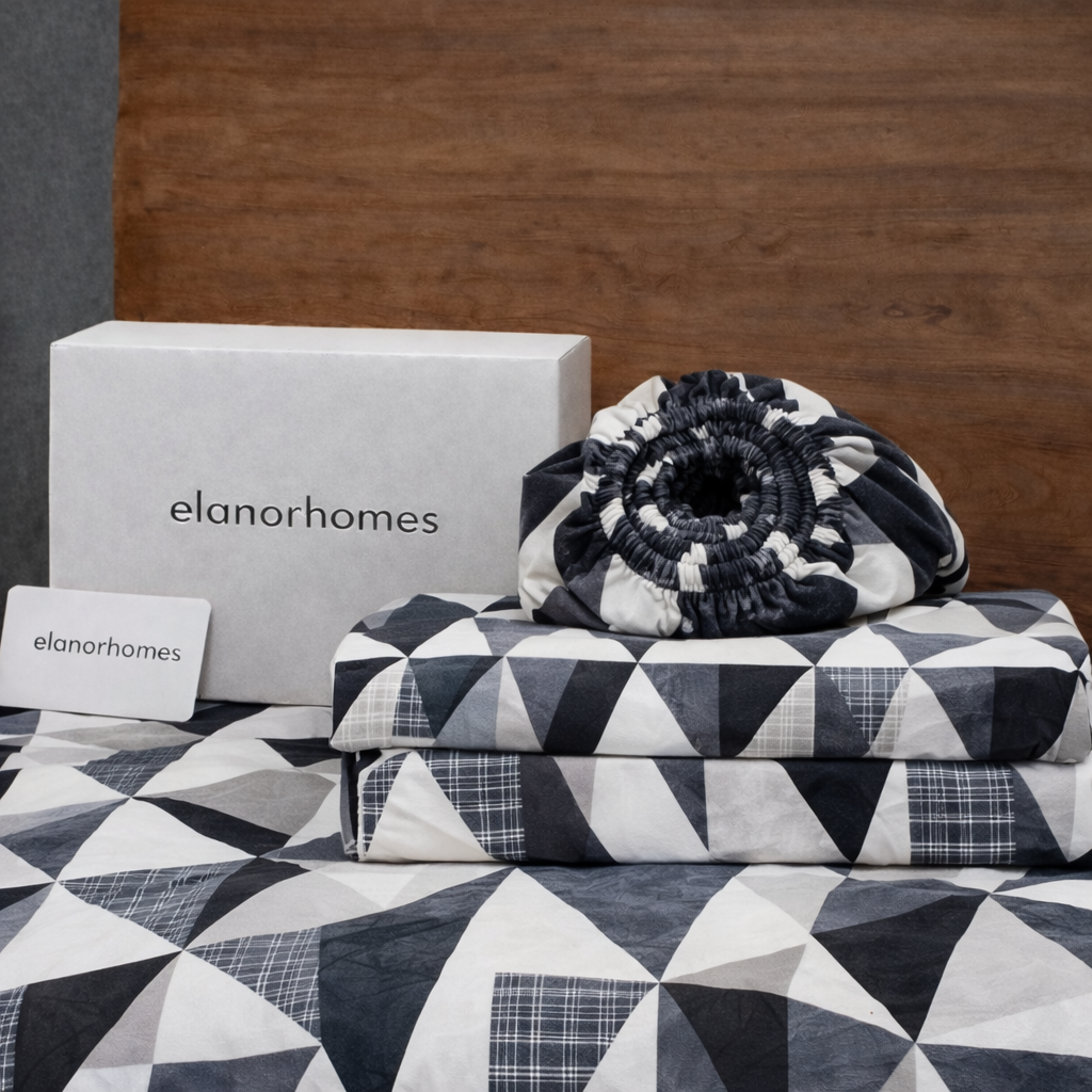 Geometry Warmth Flannel Elastic Fitted King Bedsheet (78×72×8 Inch) with 2 Pillow Covers (18×28 Inch) | Soft & Cozy Winter Bedding