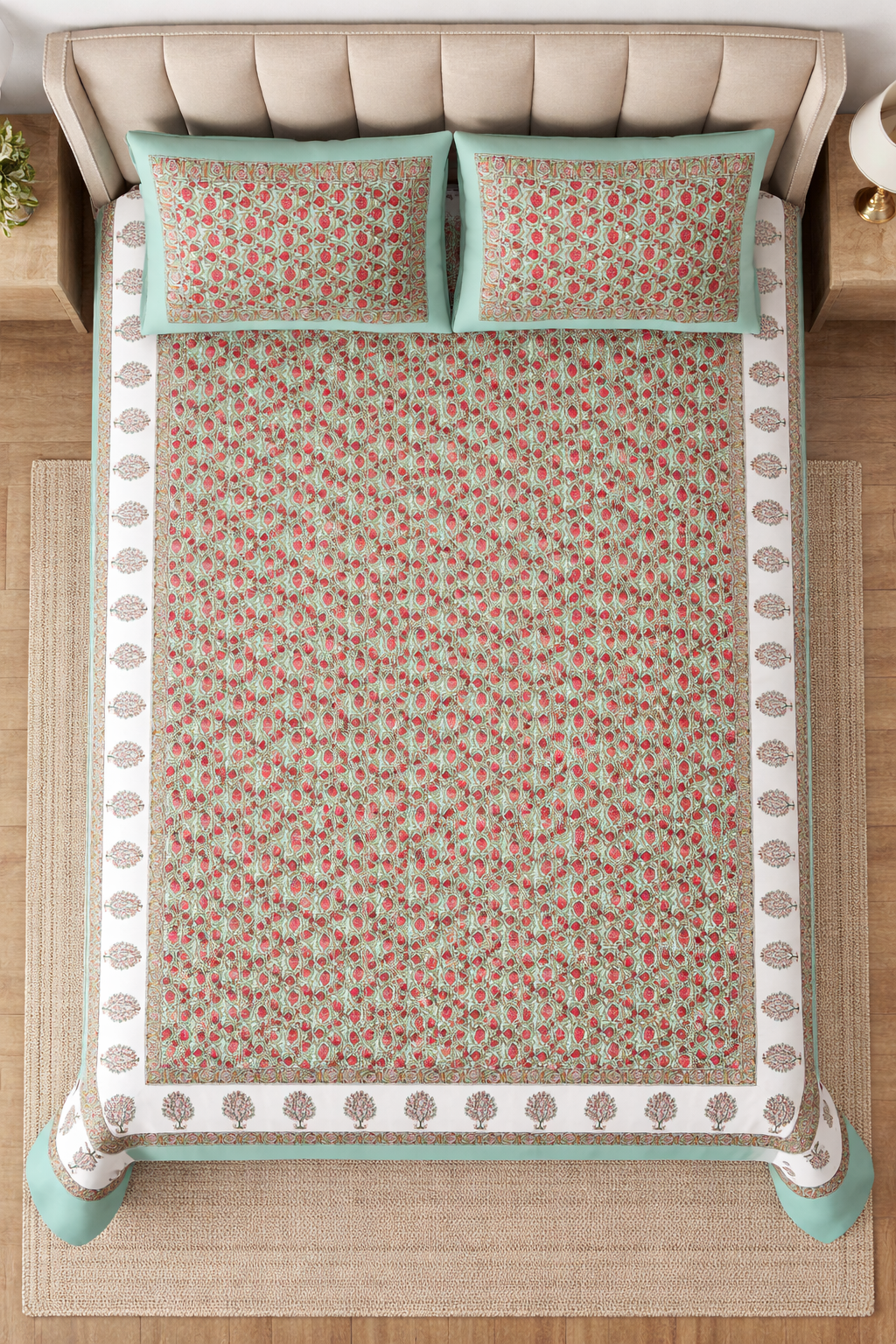 Gulabi Buta Hand Block Printed Cotton King Bedsheet Set | 90×108 | 240 TC