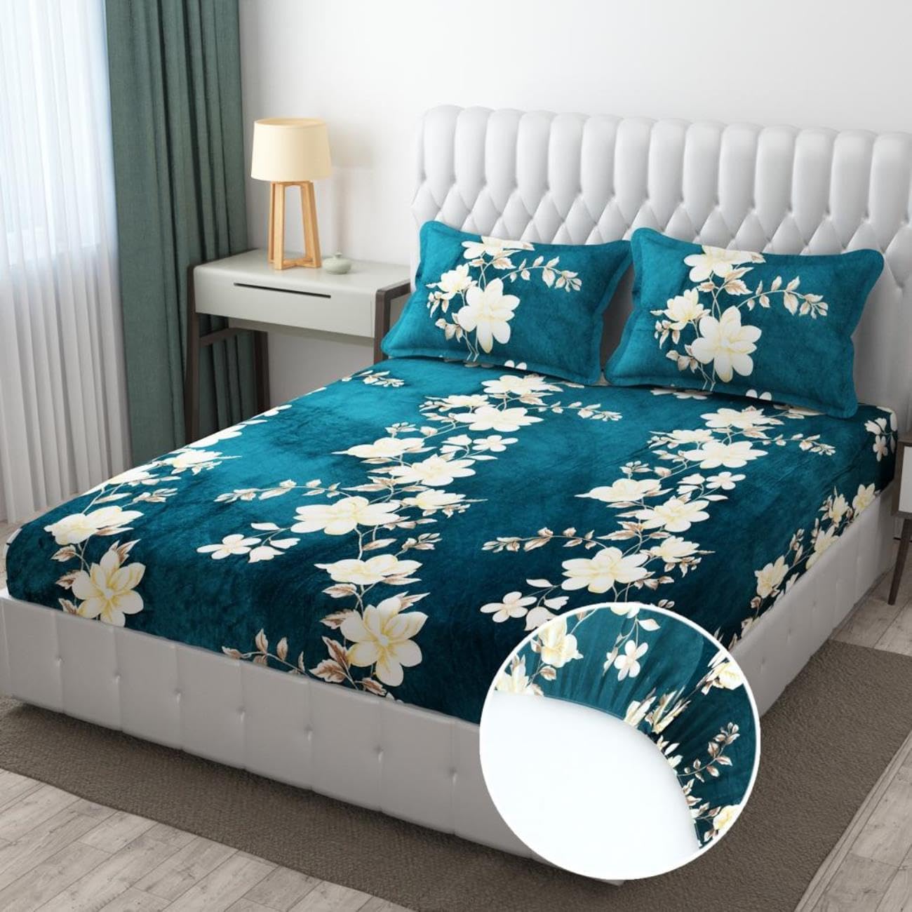 Teal Warmth Flannel Elastic Fitted King Bedsheet (78×72×8 Inch) with 2 Pillow Covers (18×28 Inch) | Soft & Cozy Winter Bedding