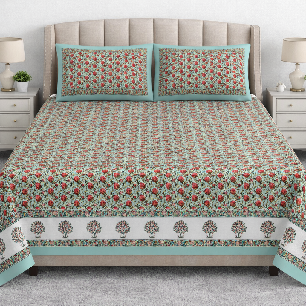 Gulabi Buta Hand Block Printed Cotton King Bedsheet Set | 90×108 | 240 TC