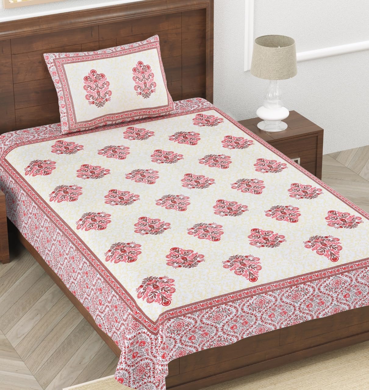 Fulwari Red Fulwari Printed Base Hand Block Printed Cotton Single Bedsheet 60x90 inches