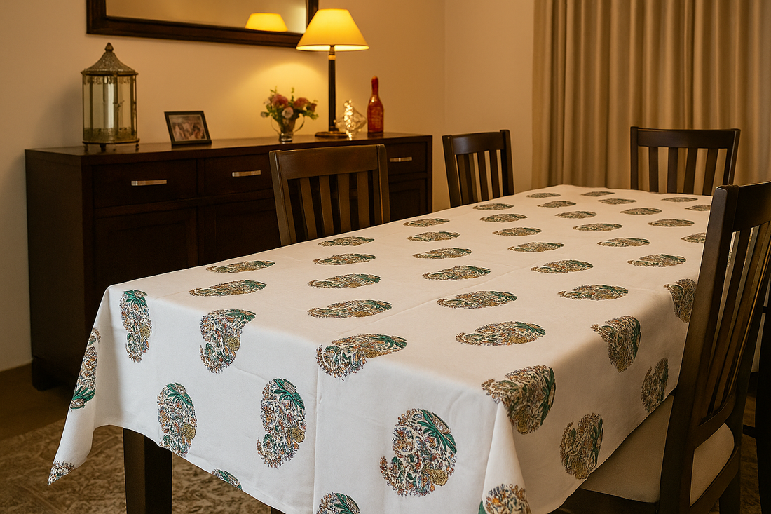 Green hand block printed cotton table cover 6 seater 60x90 inches