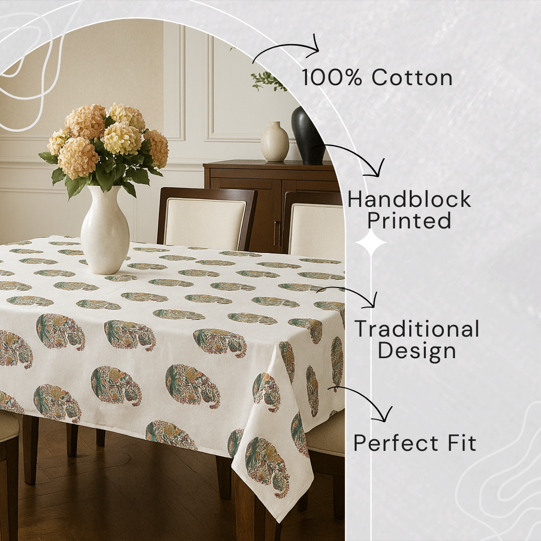Multi paisley Hand Block Printed Cotton Table Cover I 6 Seater