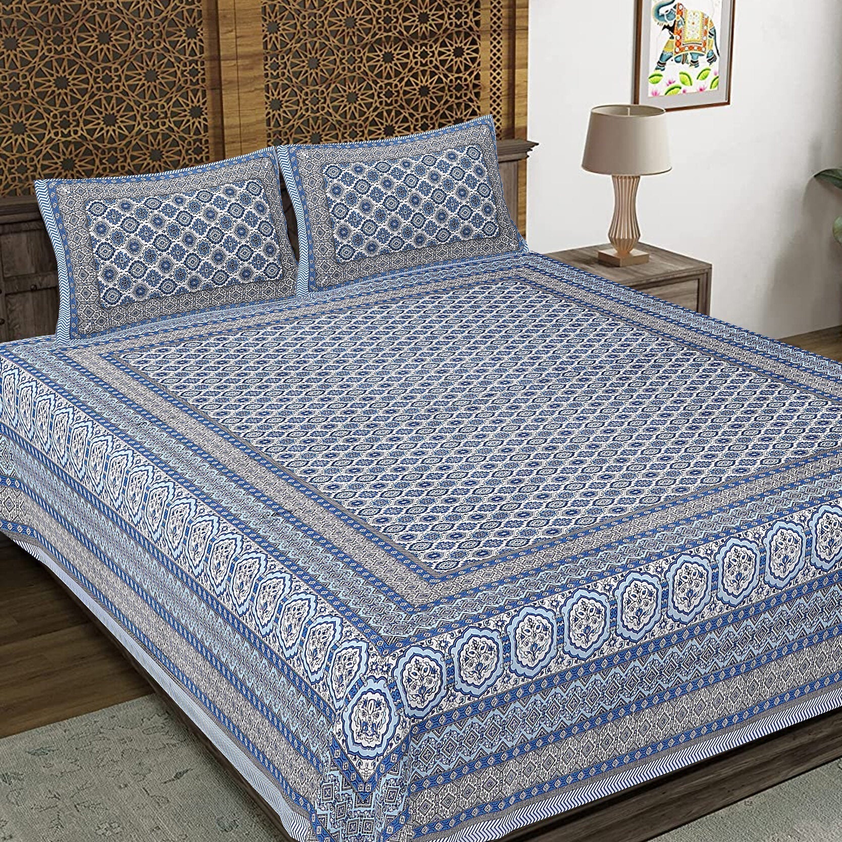 Neeli Chhaon Hand Block Printed Cotton King Bedsheet Set | 90×108 | 240 TC
