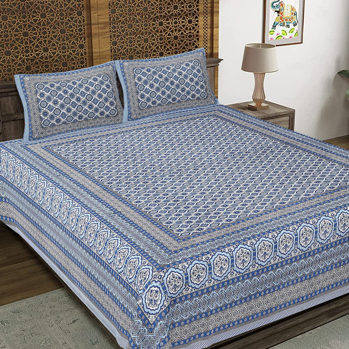 Neeli Chhaon Hand Block Printed Cotton King Bedsheet Set | 90×108 | 240 TC