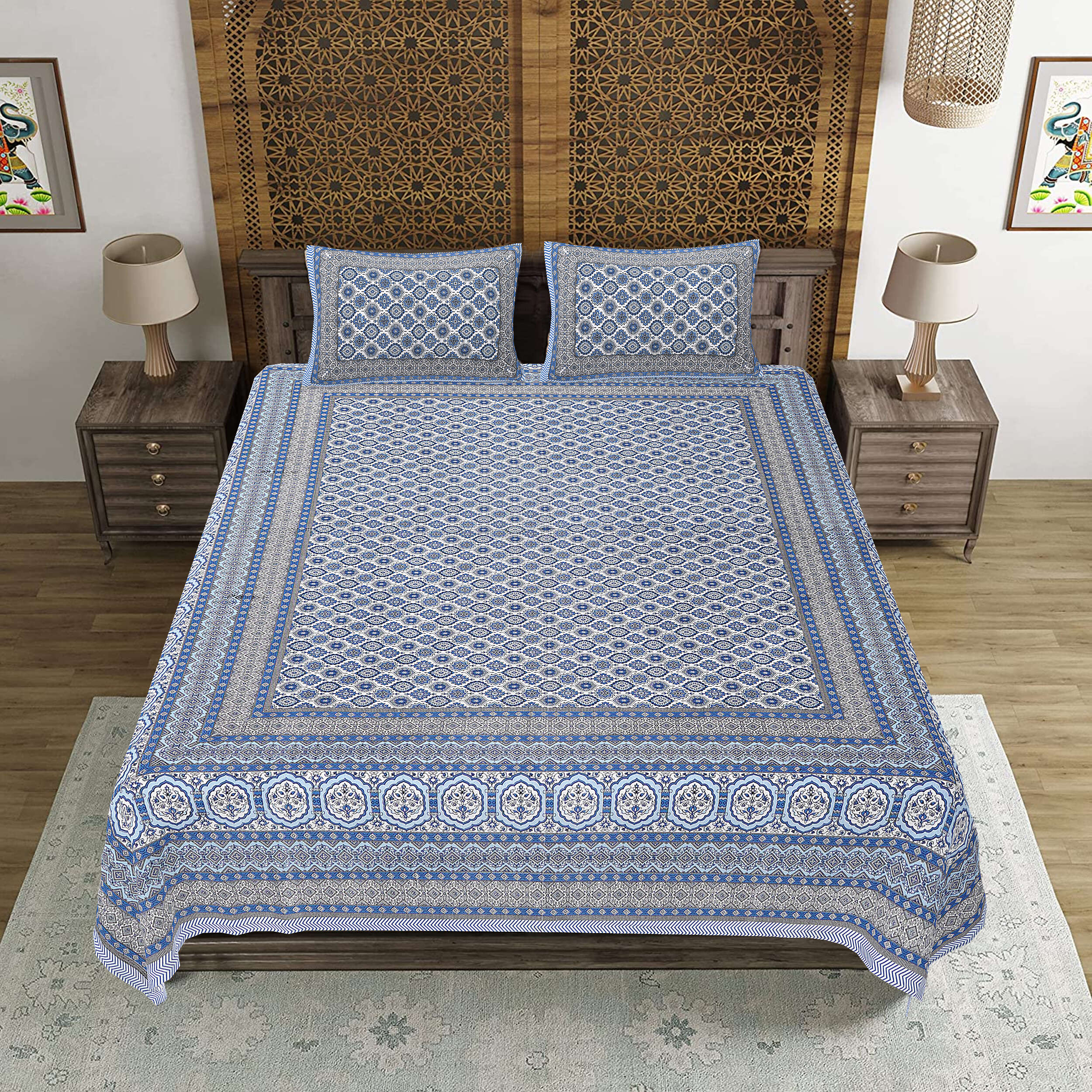 Neeli Chhaon Hand Block Printed Cotton King Bedsheet Set | 90×108 | 240 TC