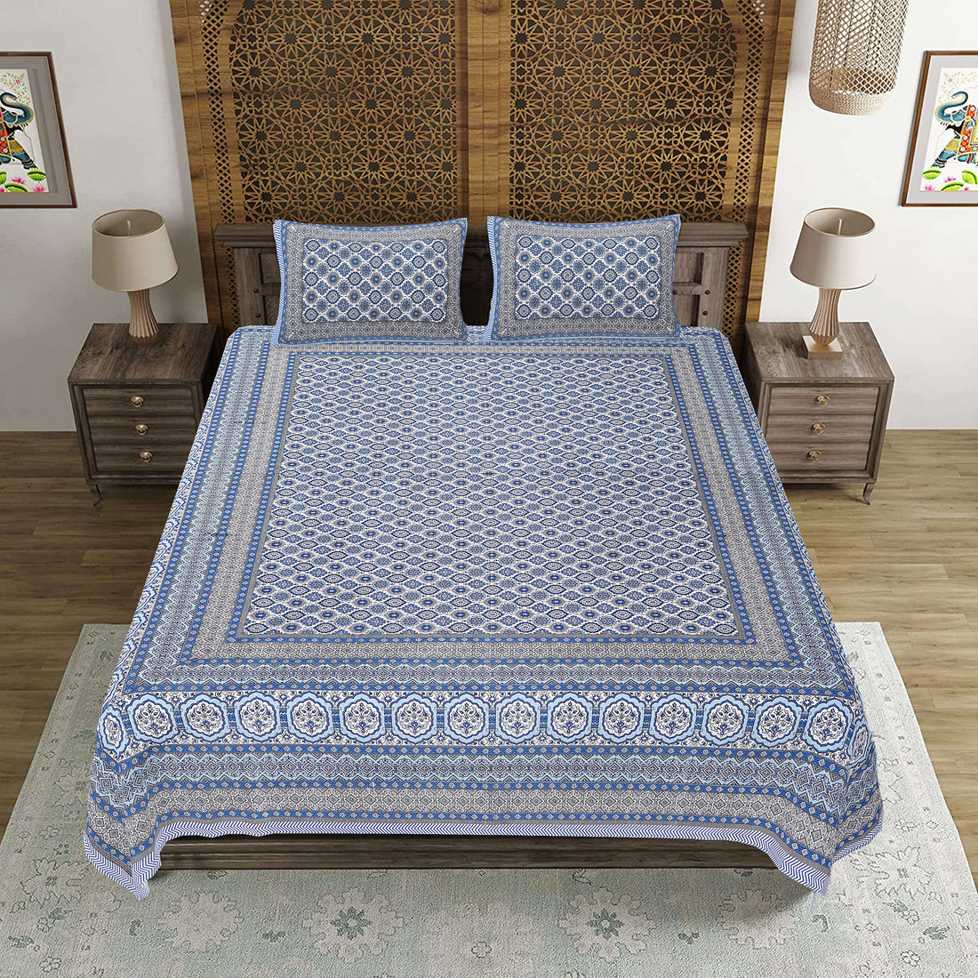 Neeli Chhaon Hand Block Printed Cotton King Bedsheet Set | 90×108 | 240 TC
