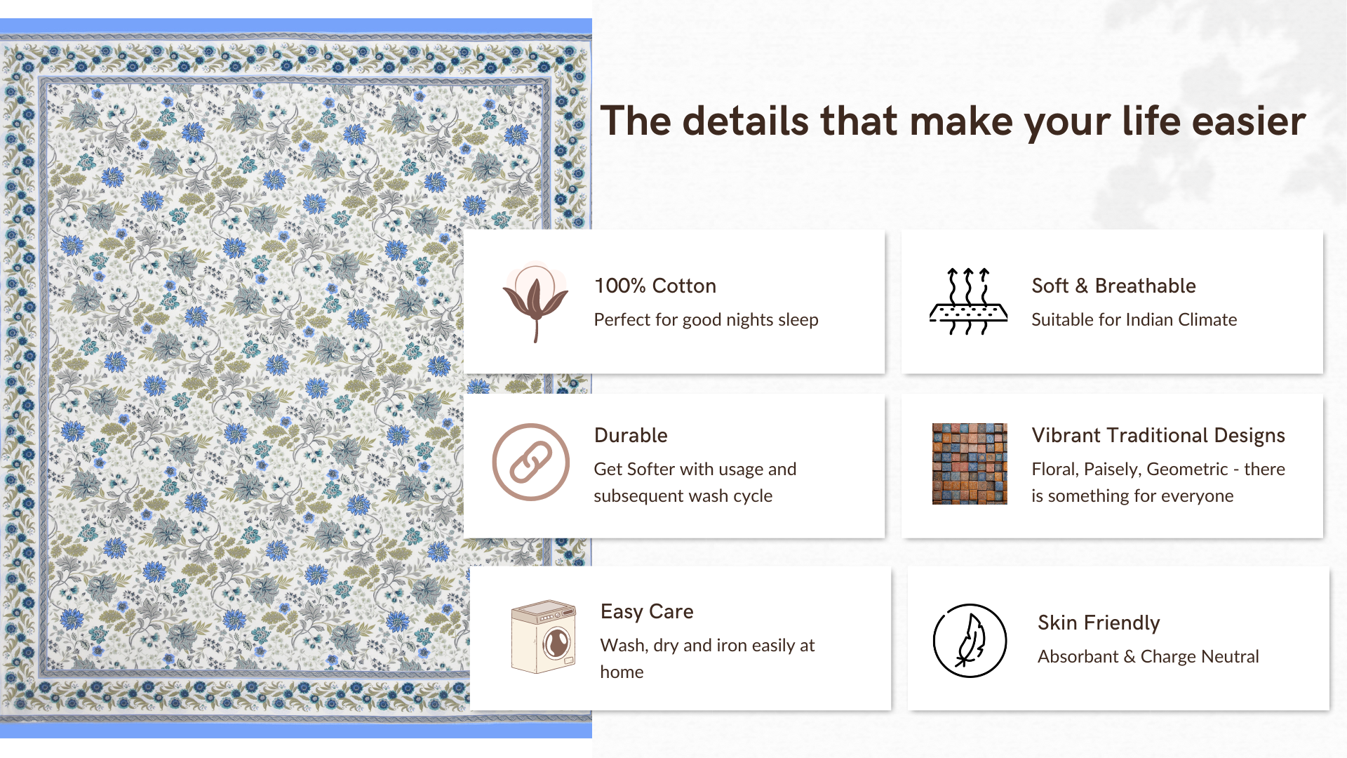 Neel Gagan Fulwari Hand Block Printed Cotton King Bedsheet Set | 90×108 | 240 TC