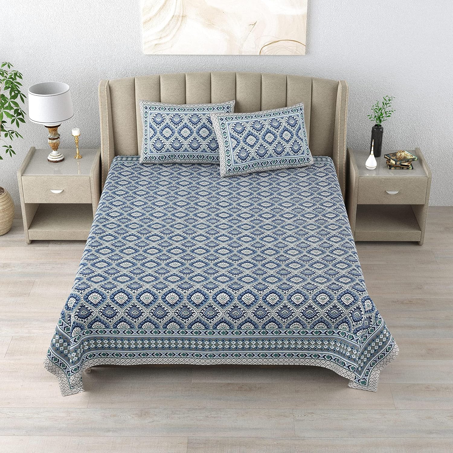 Neeli Jaali Hand Block Printed Cotton King Bedsheet Set | 90×108 | 240 TC