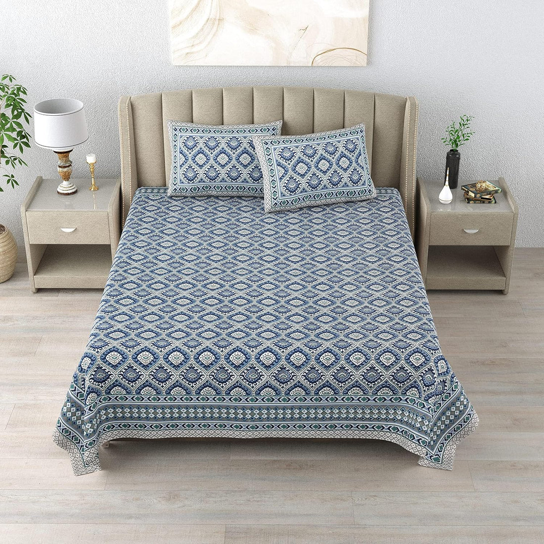 Neeli Jaali Hand Block Printed Cotton King Bedsheet Set | 90×108 | 240 TC