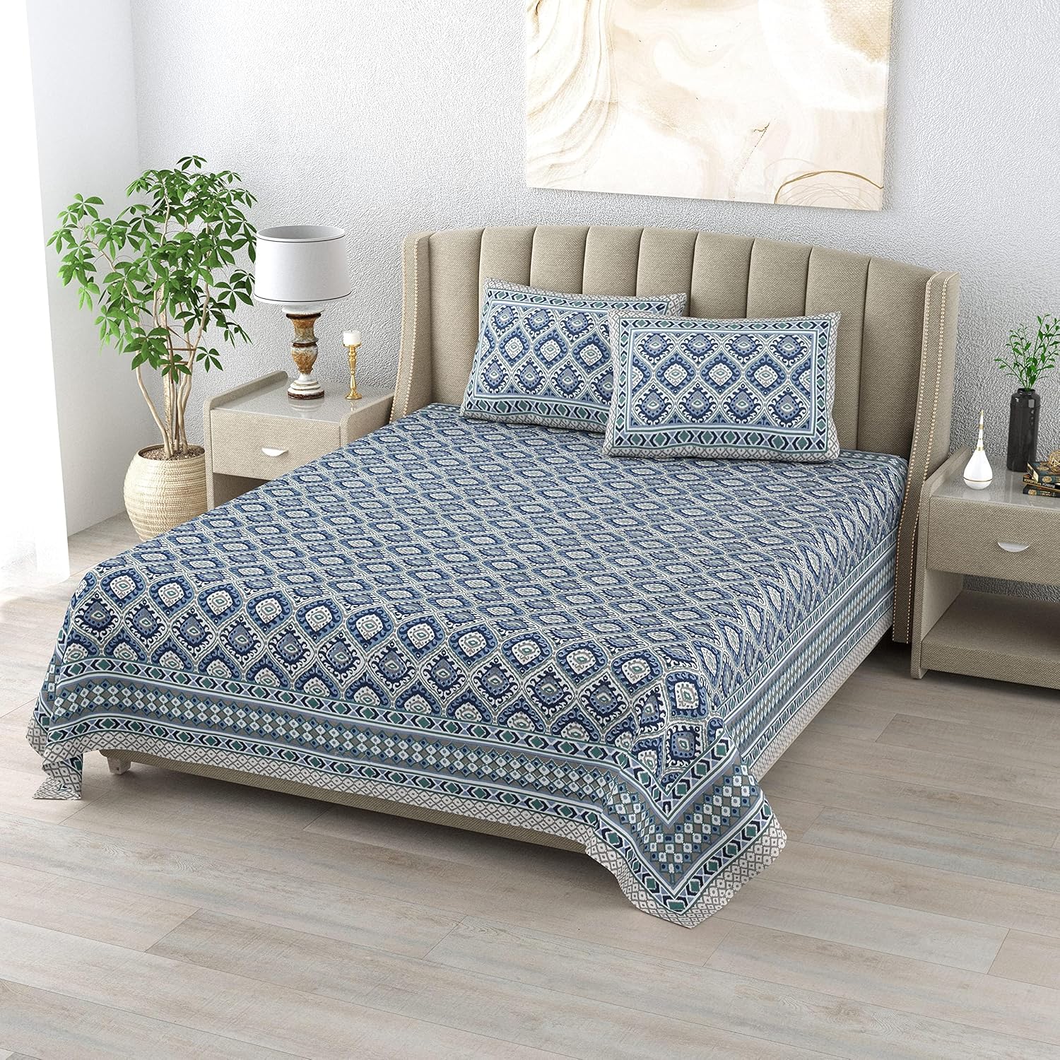 Neeli Jaali Hand Block Printed Cotton King Bedsheet Set | 90×108 | 240 TC