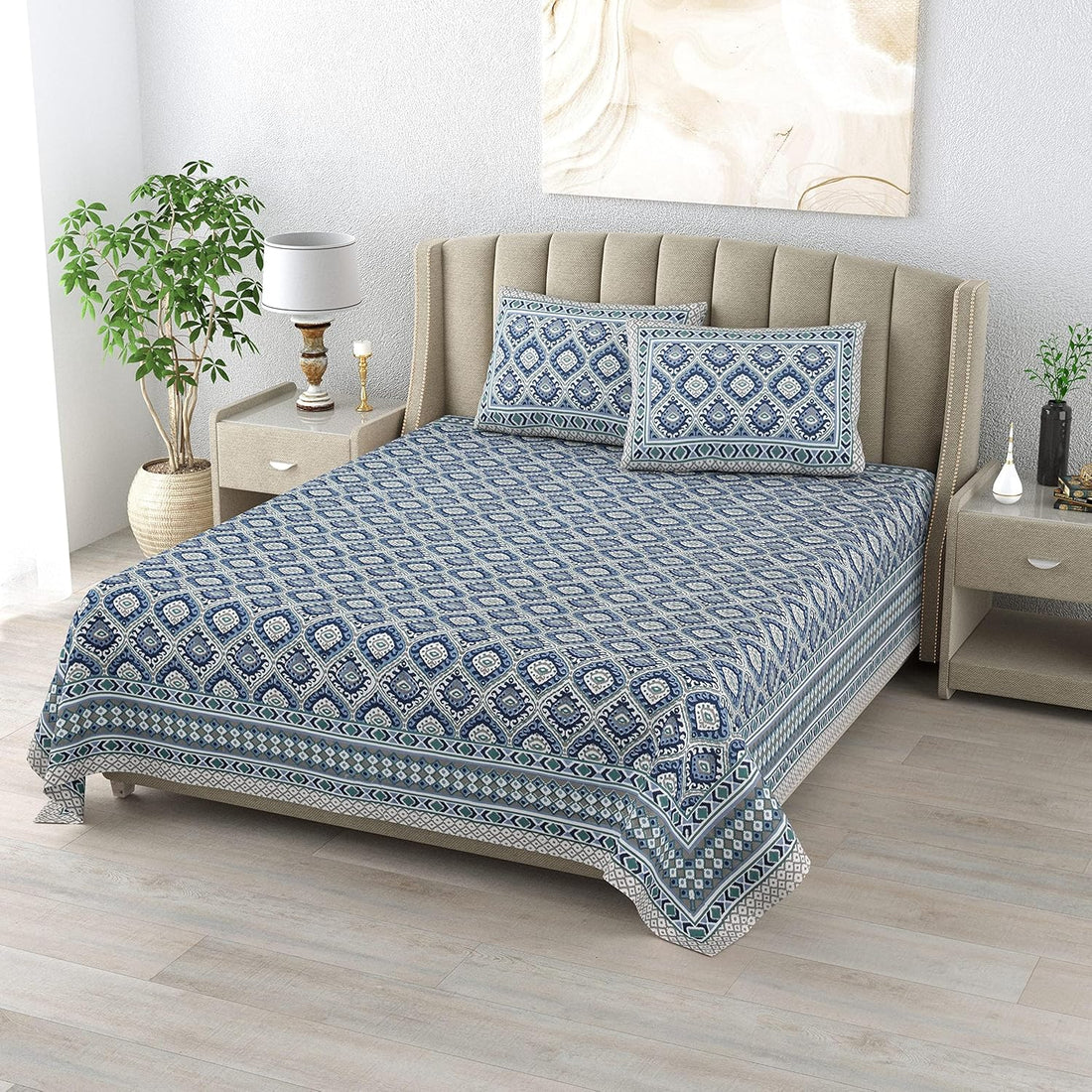 Neeli Jaali Hand Block Printed Cotton King Bedsheet Set | 90×108 | 240 TC