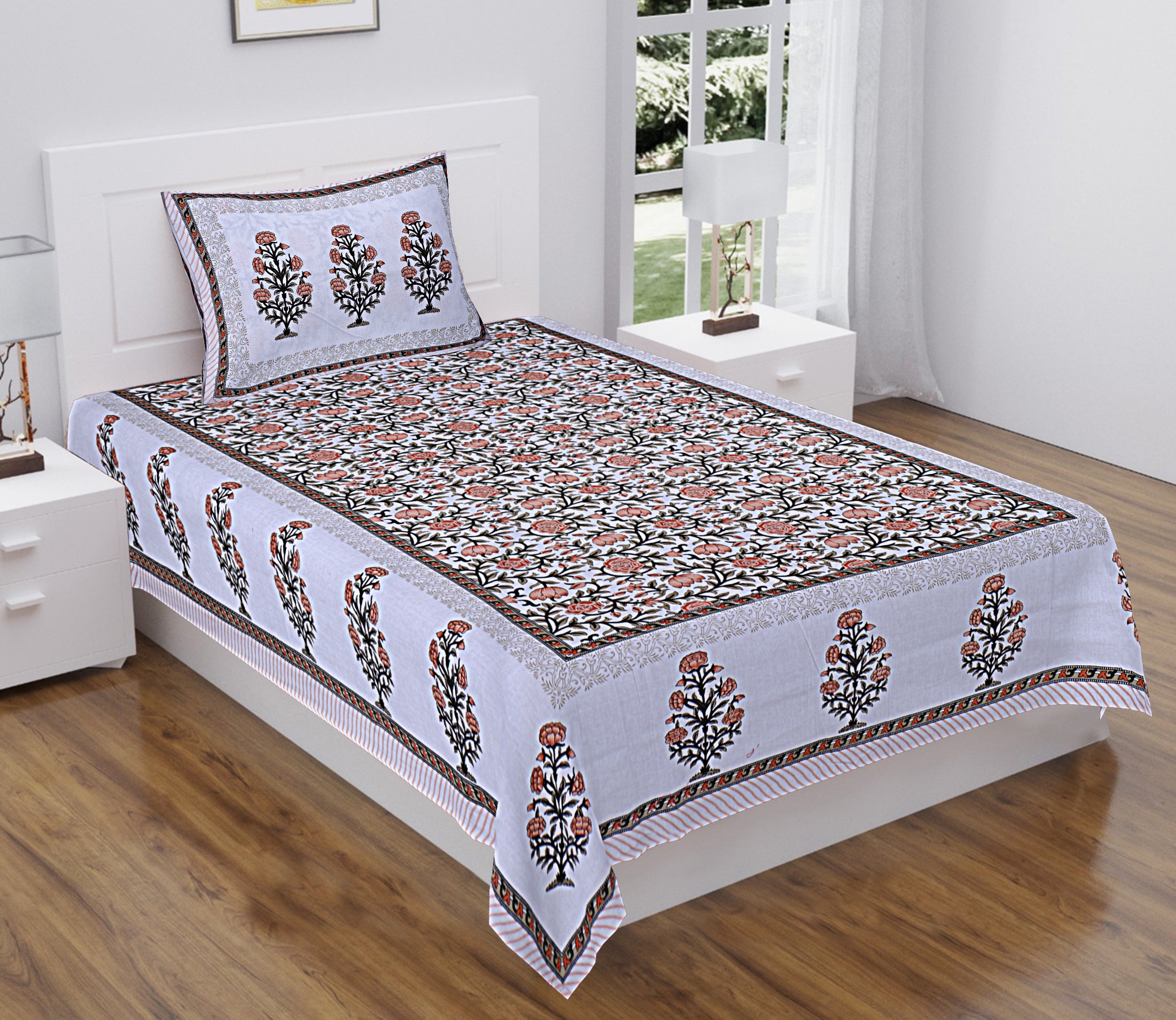 Peach Blossom Hand Block Printed Cotton Single Bedsheet 60x90 inches