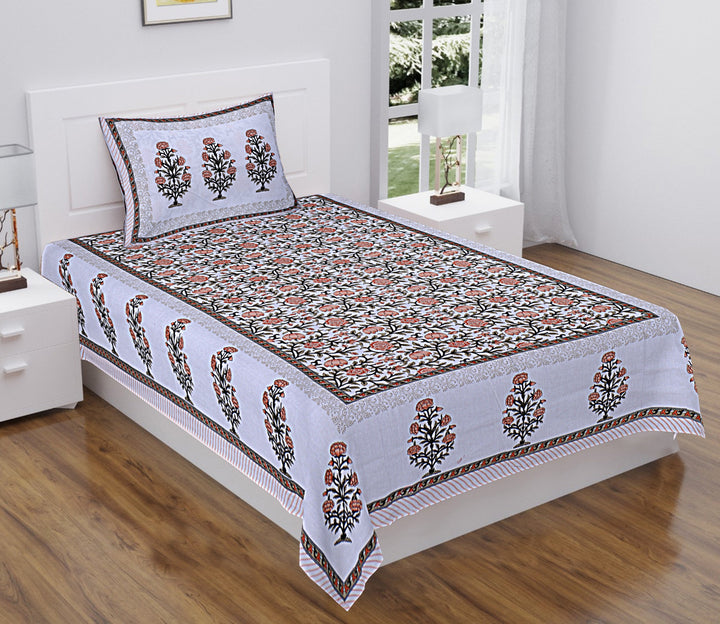 Peach Blossom Hand Block Printed Cotton Single Bedsheet 60x90 inches