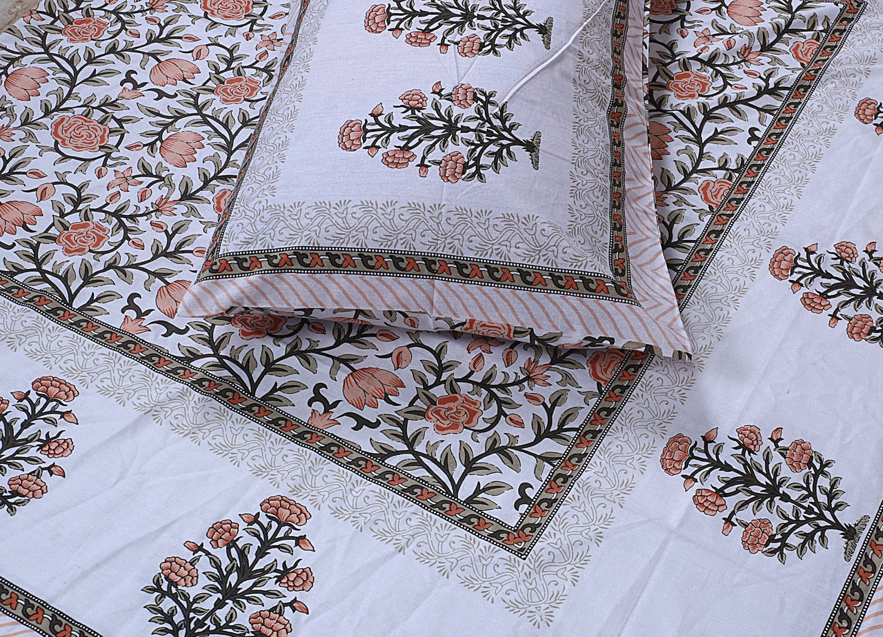 Peach Blossom Hand Block Printed Cotton Single Bedsheet | 60x90 inches