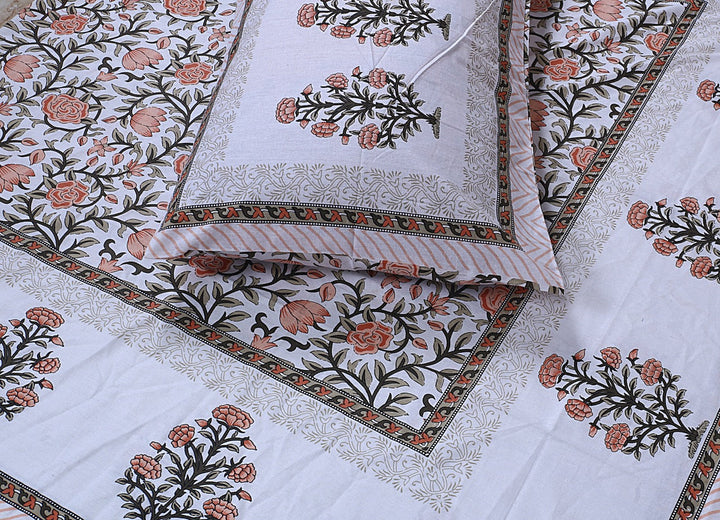Peach Blossom Hand Block Printed Cotton Single Bedsheet | 60x90 inches