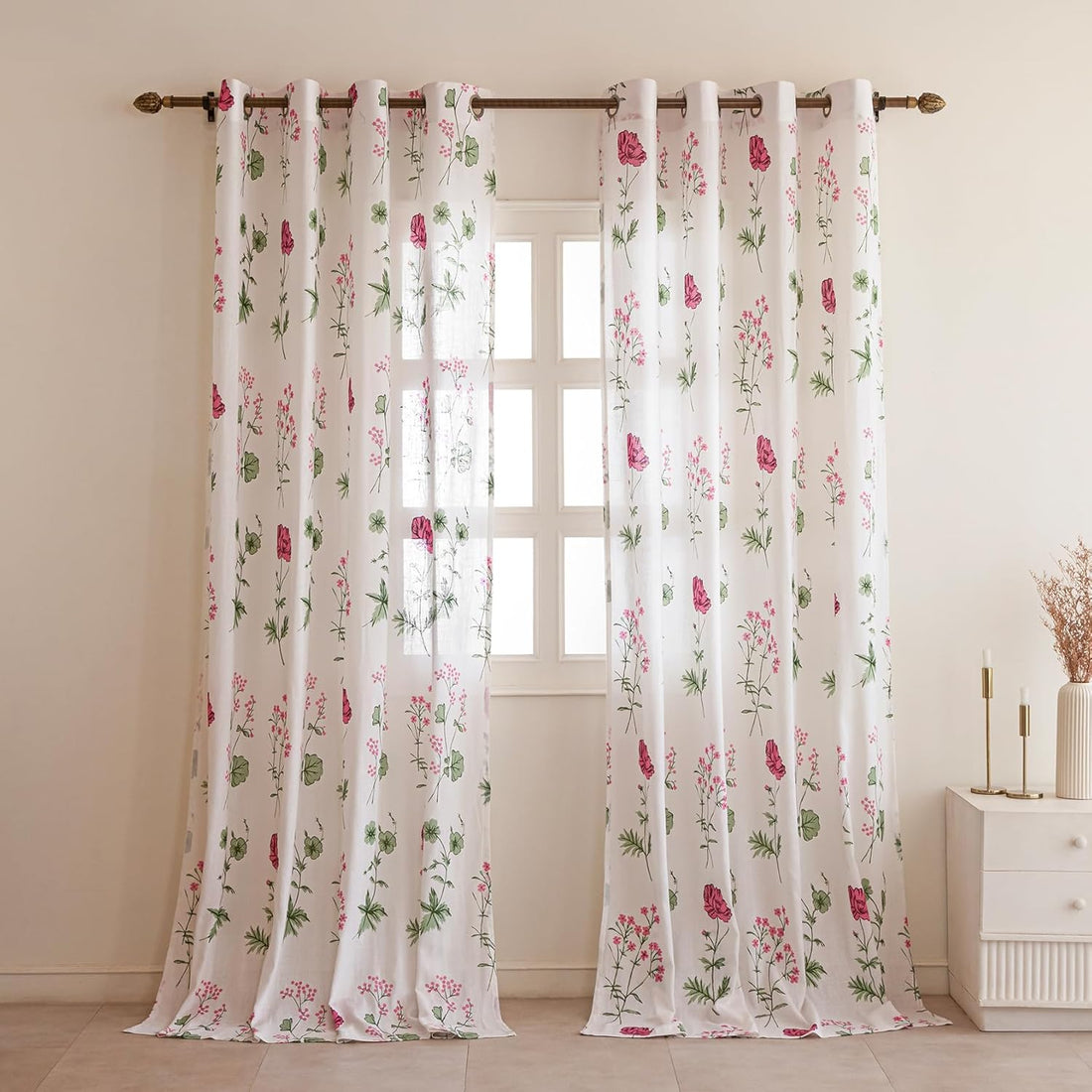 pink floral 7 feet sheer curtains pack of 1 for door and window