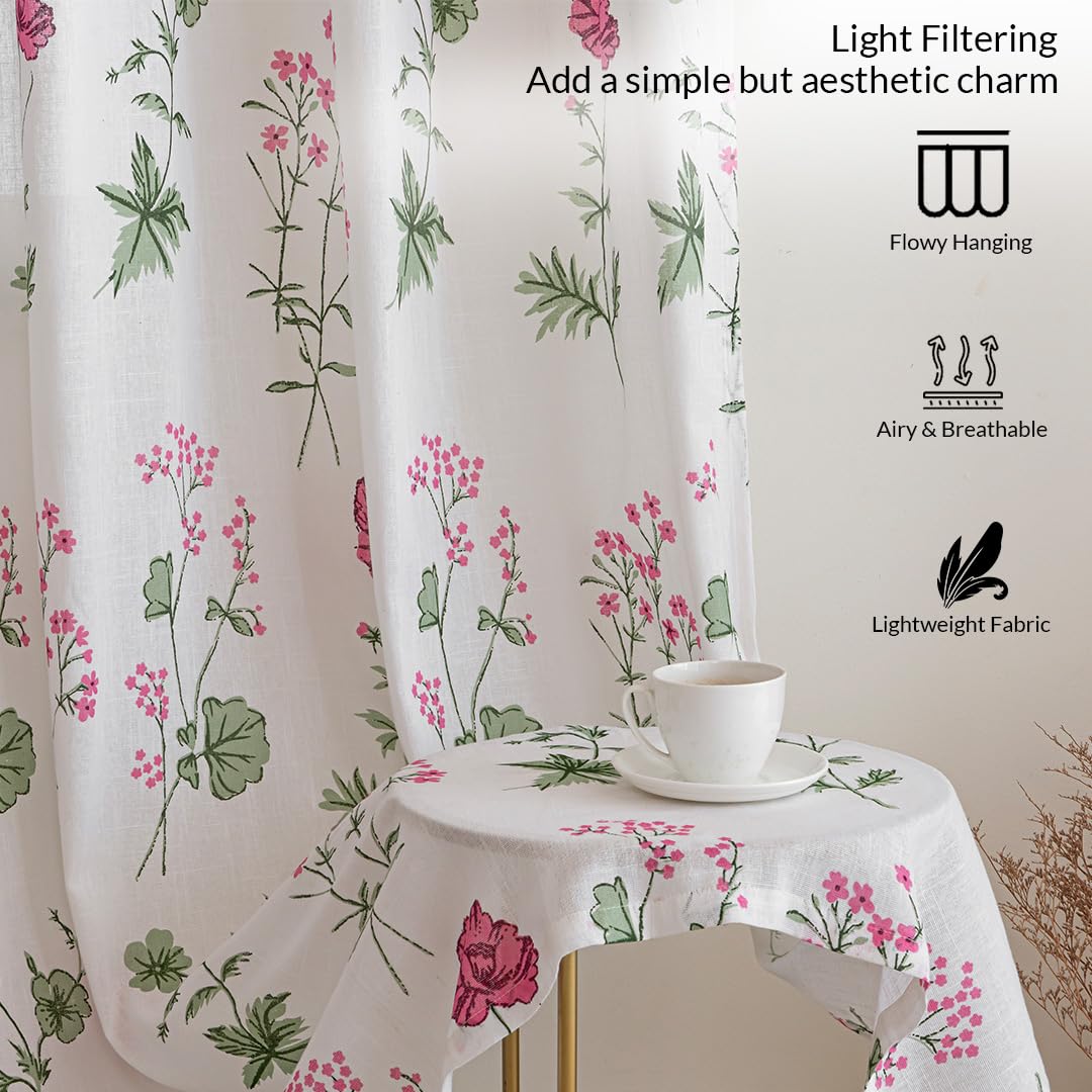 Pink Floral  7 Feet Sheer Curtains for Door & Window | 100% Polyester | Light & Noise Blocking