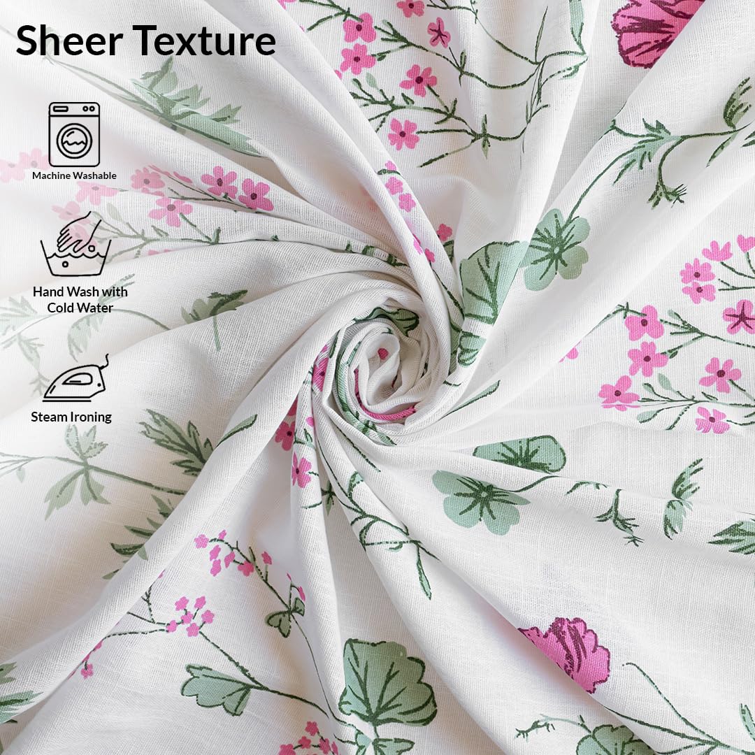 Pink Floral  7 Feet Sheer Curtains for Door & Window | 100% Polyester | Light & Noise Blocking