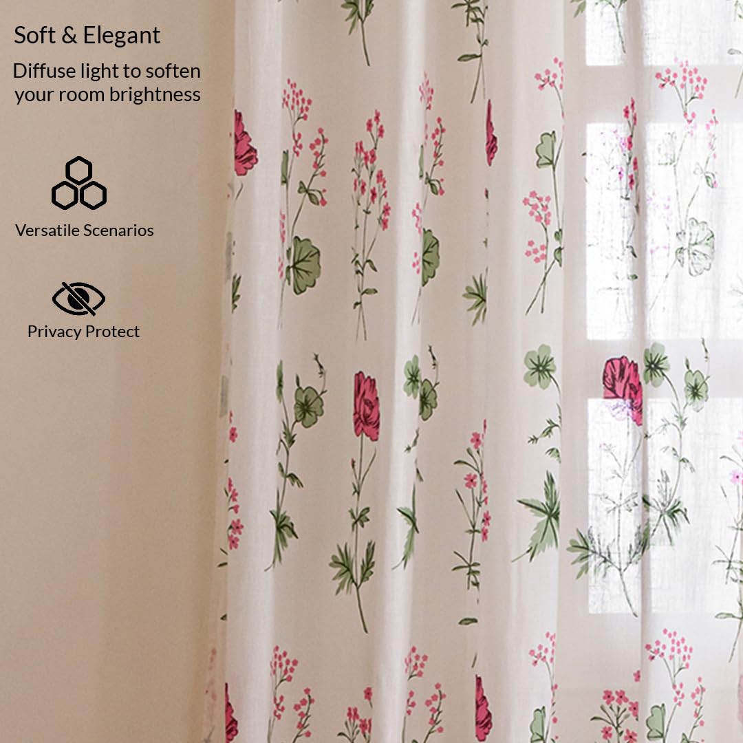 Pink Floral  7 Feet Sheer Curtains for Door & Window | 100% Polyester | Light & Noise Blocking