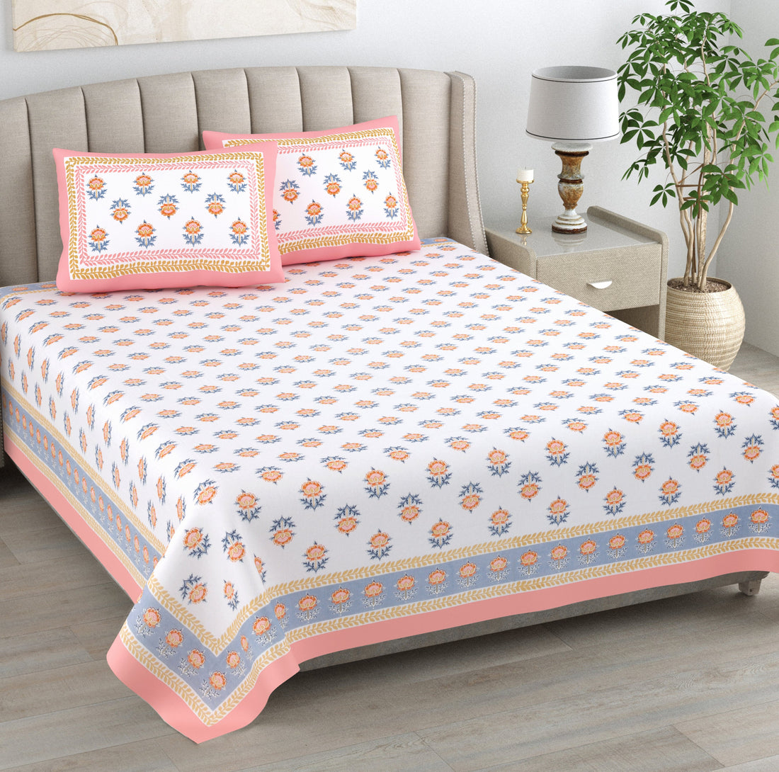 Pink Floral Buta Hand Block Printed Cotton King Bedsheet Set
