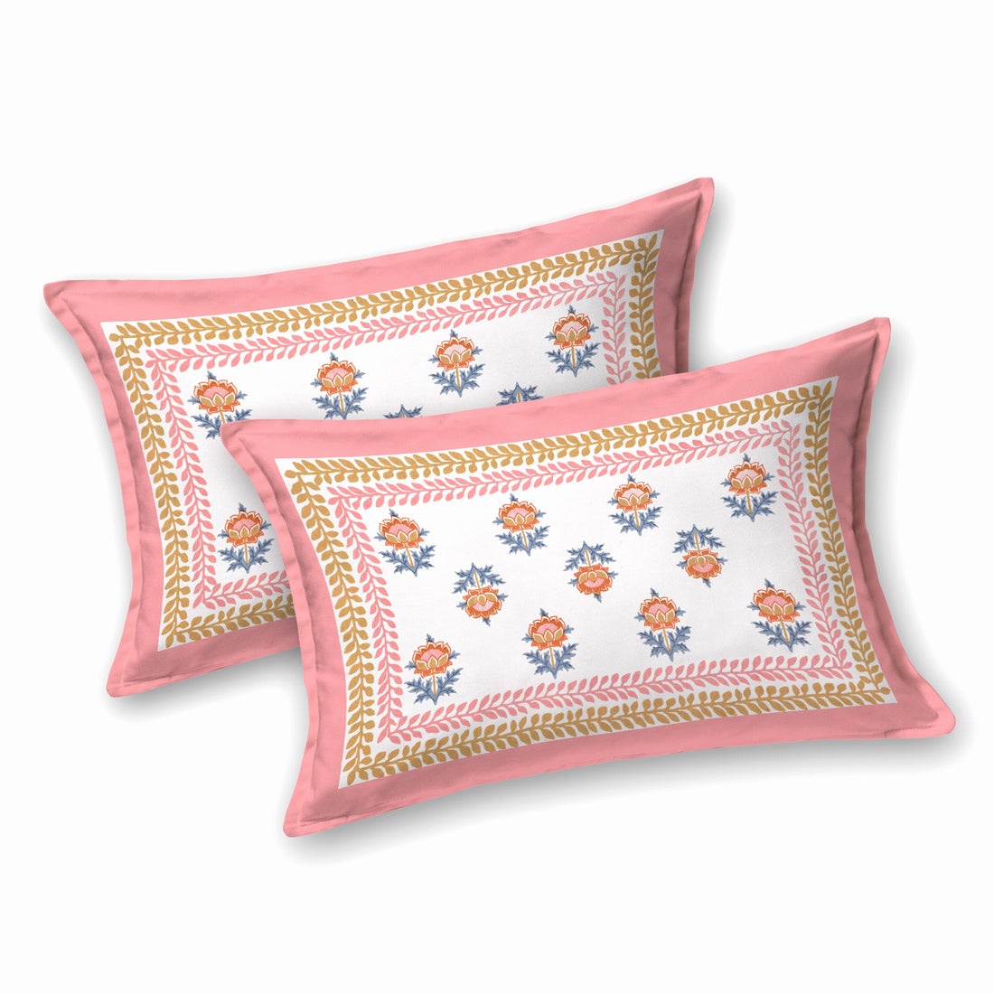 Pink Floral Buta Hand Block Printed Cotton King Bedsheet Set | 90×108 | 240 TC