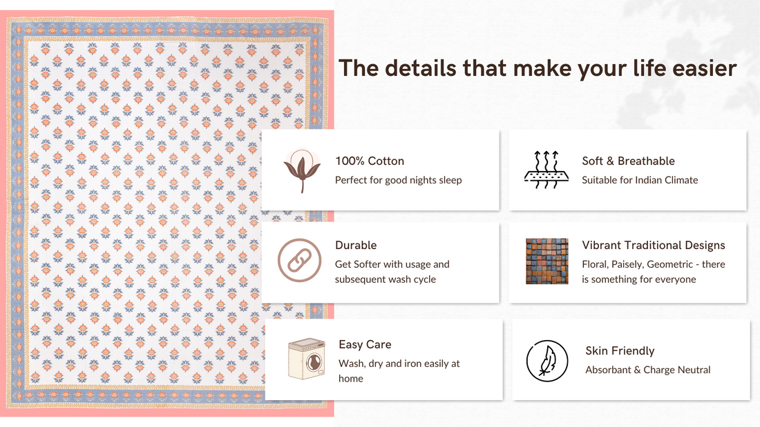 Pink Floral Buta Hand Block Printed Cotton King Bedsheet Set | 90×108 | 240 TC