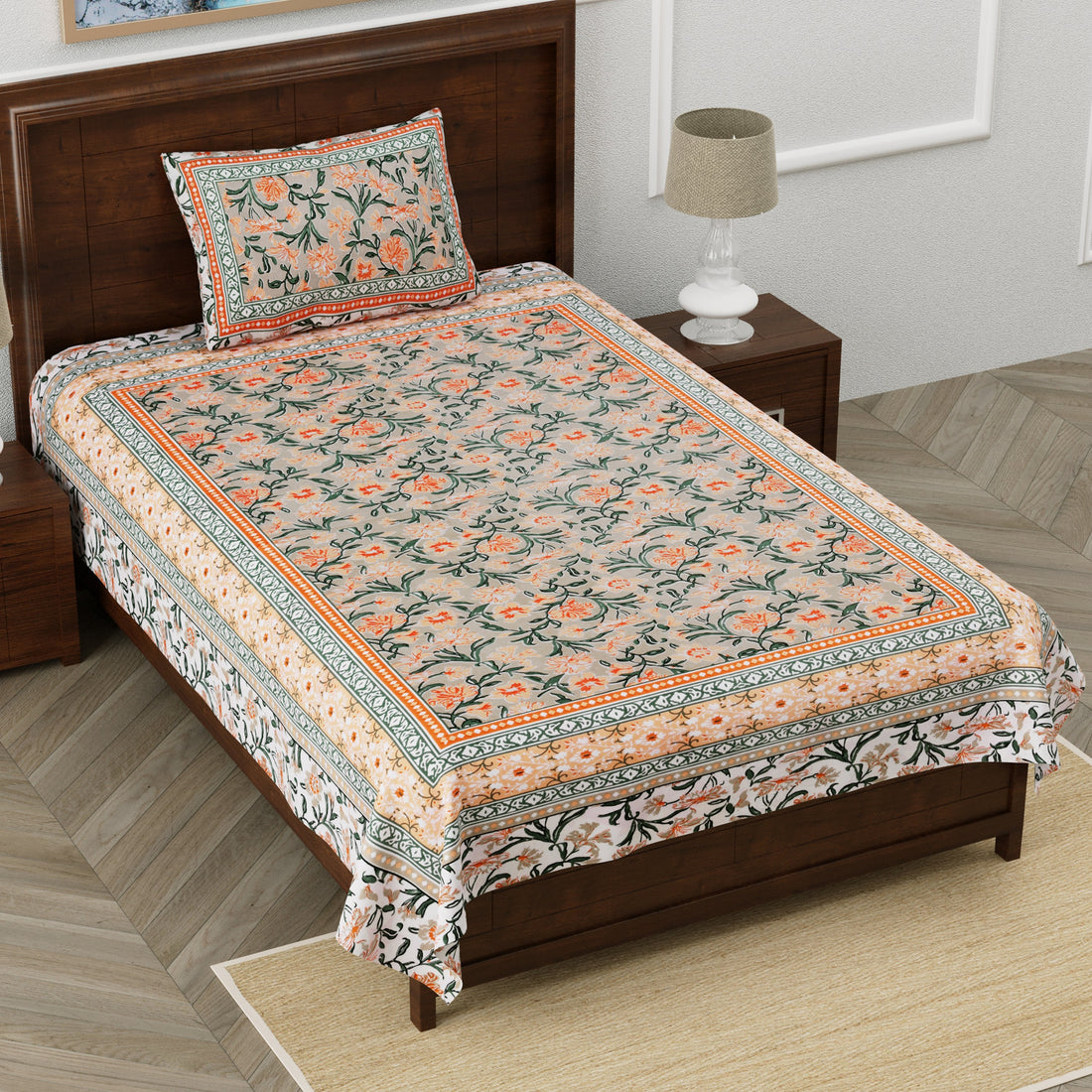 Garden Hand Block Printed Cotton Single Bedsheet 60x90 inches