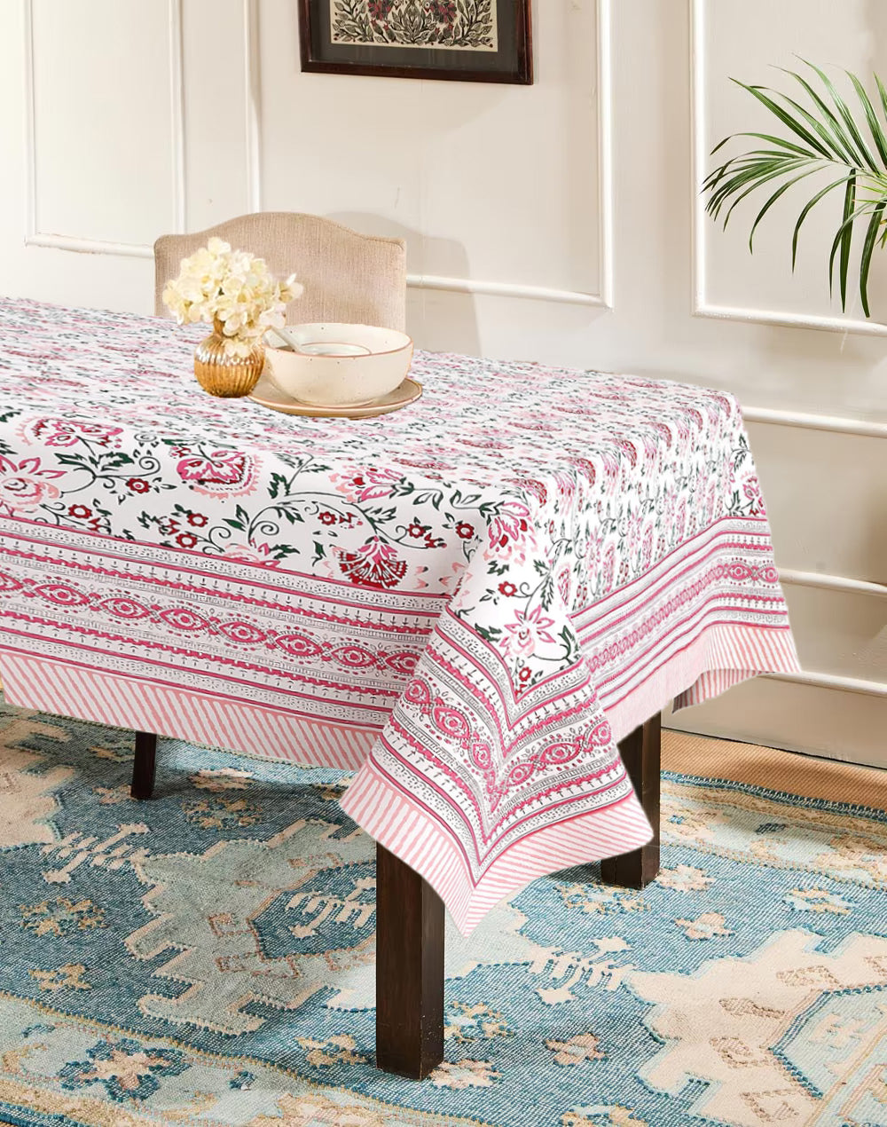 Pink hand block printed cotton table cover 6 seater 60x90 inches