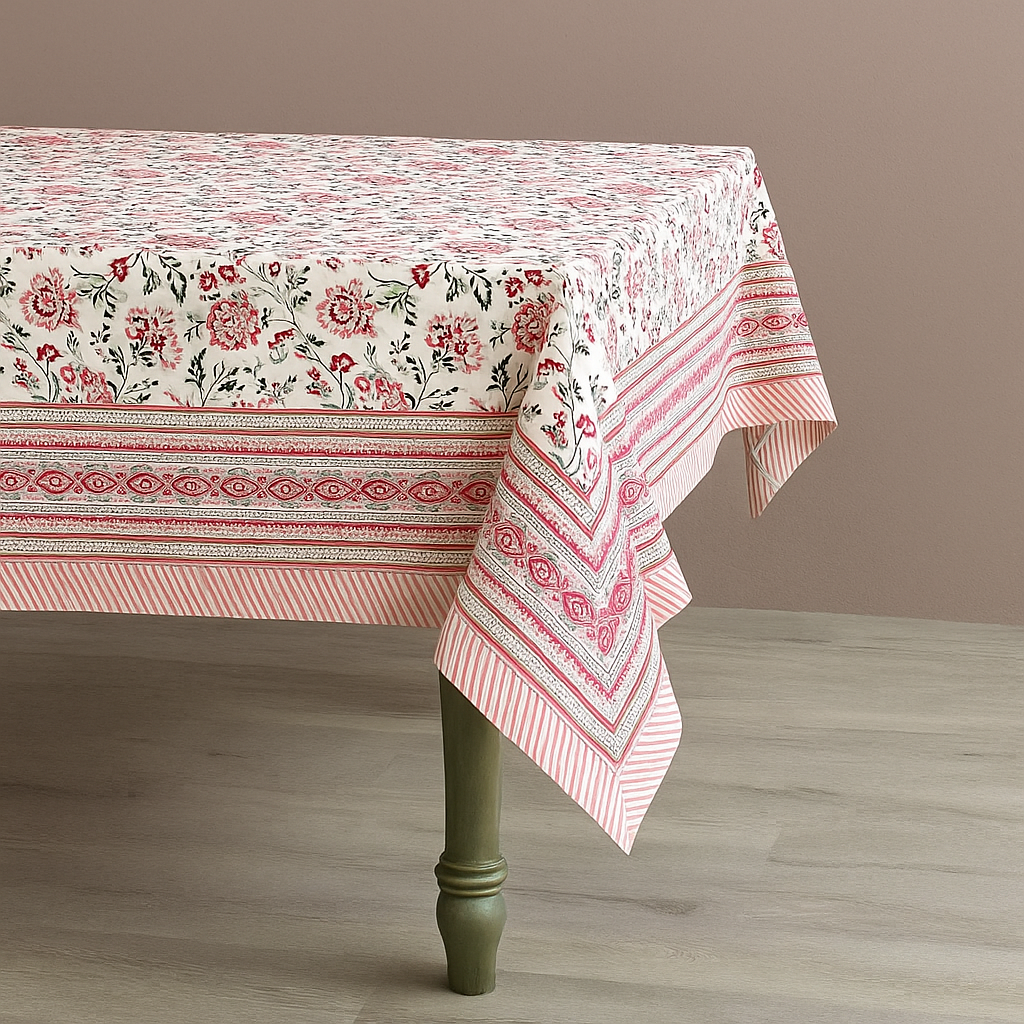 Pink Shalimar Jaal Hand Block Printed Cotton Table Cover I 6 Seater