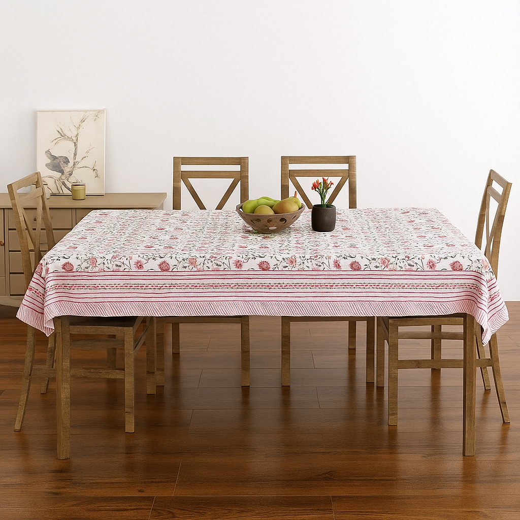 Pink Shalimar Jaal Hand Block Printed Cotton Table Cover I 6 Seater